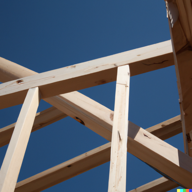 DALL·E 2023-07-12 13.14.00 - photo de charpente en bois sur une maison en construction